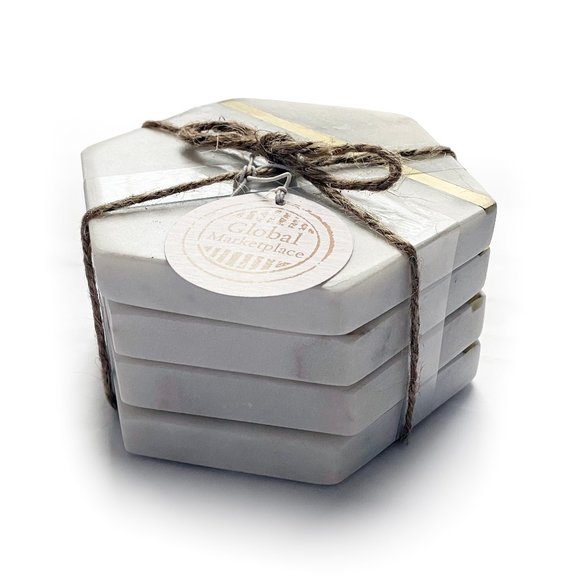Global Marketplace Other - Hexagon White Marble Set of 4 Coasters w Gold Trim